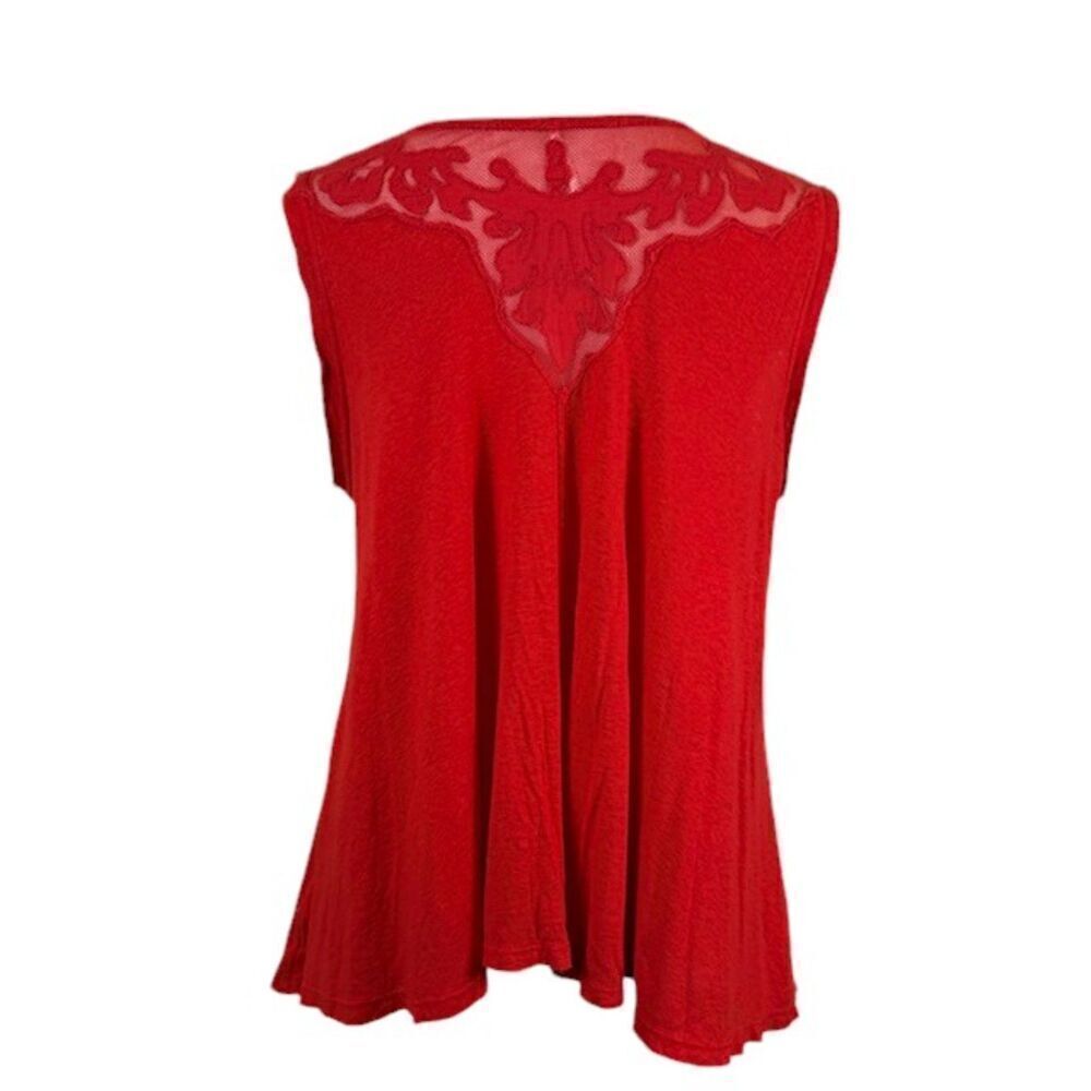 Free People‎ Meant to Be Tee Linen Blend Red Lace Sleeveless Slub Oversized XS - Picture 5 of 10